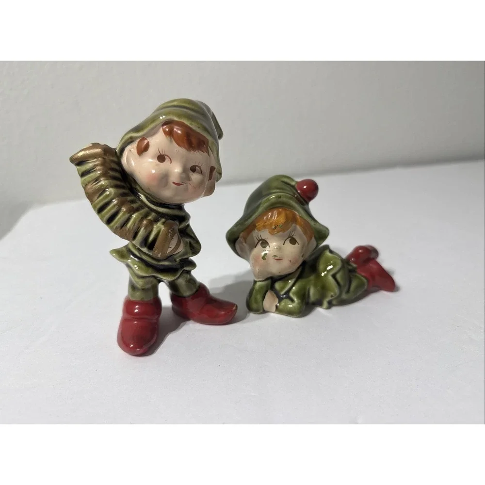 Vtg 2 Pc. Ceramic Pixie Santa Elf Music Christmas‎ Handpainted Figurine Japan 4
